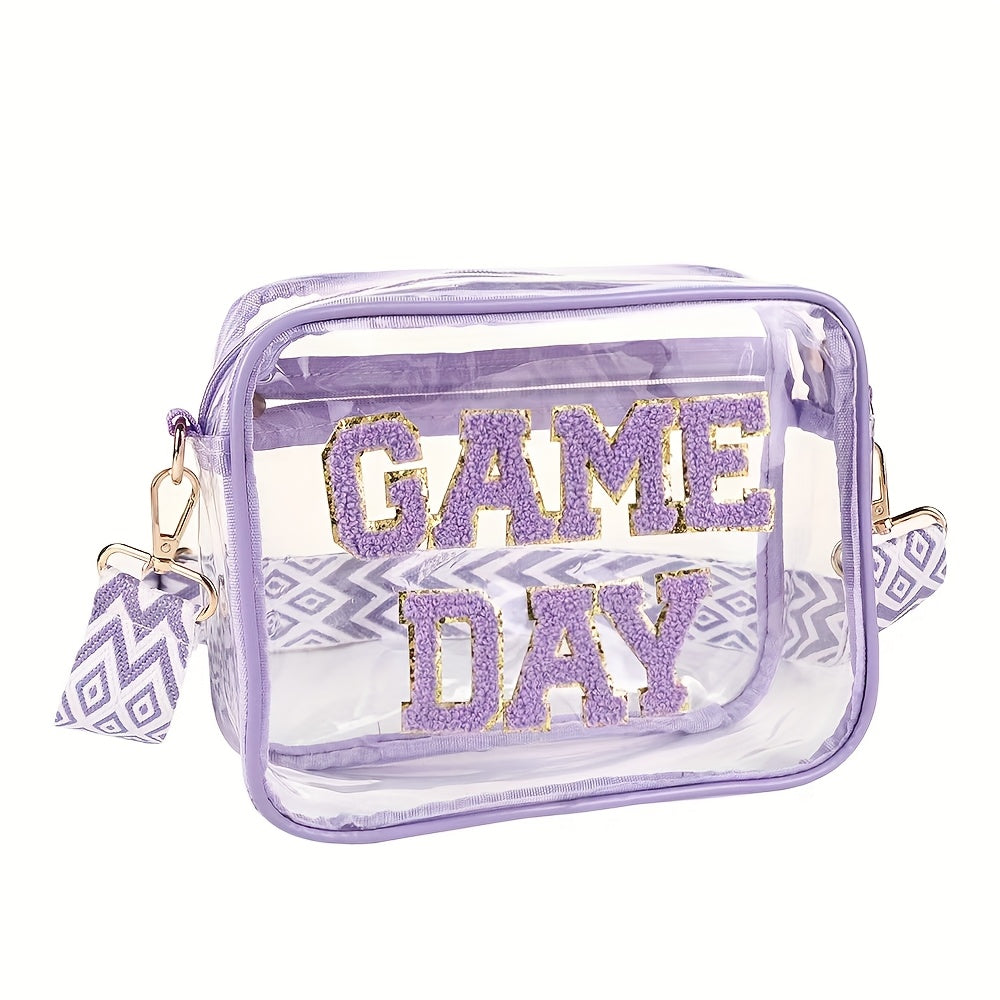 Embroidered Letter Design PVC Transparent Crossbody Bag, Clear Square Shoulder Bag with Zipper Closure