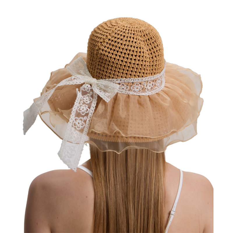 Vintage Lace Wide Brim Sun Hat - Elegant Crochet Beach Hat with Ruffles