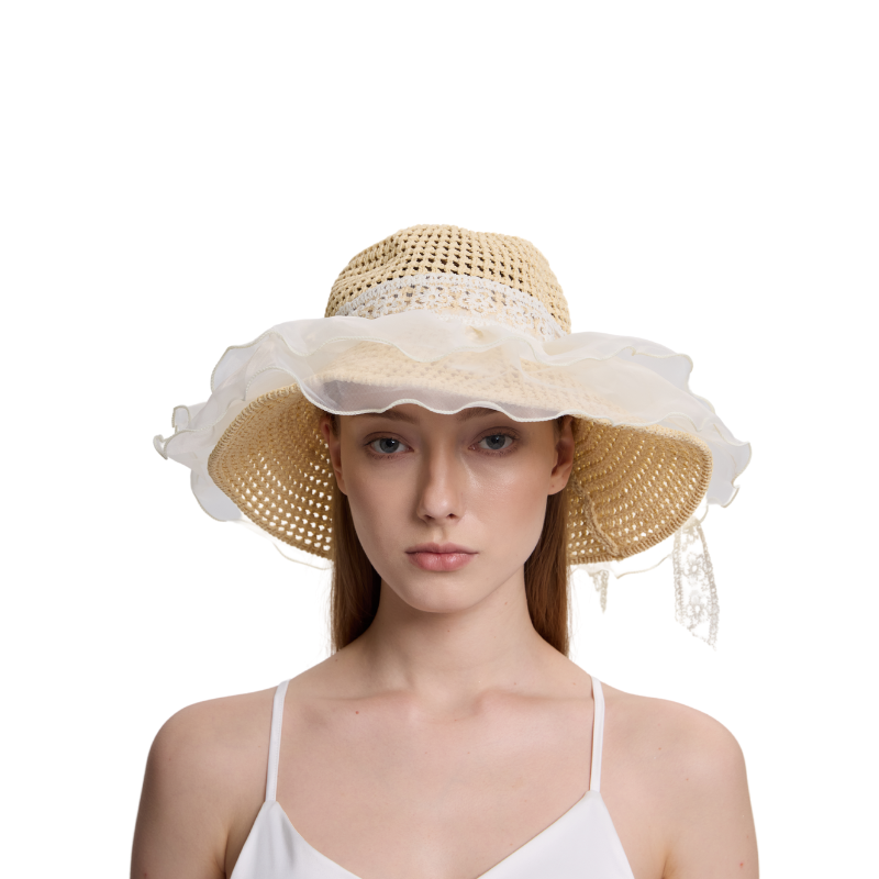 Vintage Lace Wide Brim Sun Hat - Elegant Crochet Beach Hat with Ruffles