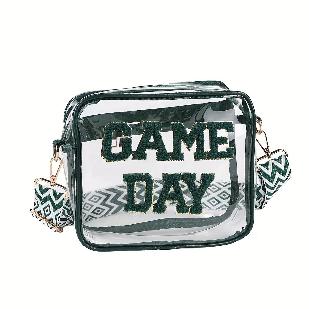 Embroidered Letter Design PVC Transparent Crossbody Bag, Clear Square Shoulder Bag with Zipper Closure