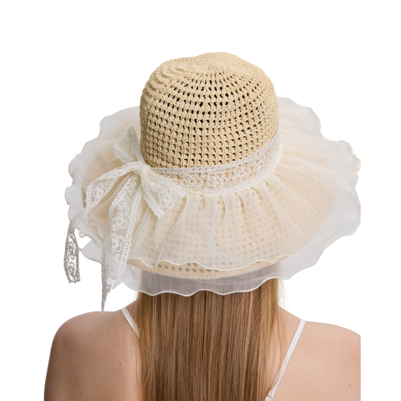 Vintage Lace Wide Brim Sun Hat - Elegant Crochet Beach Hat with Ruffles
