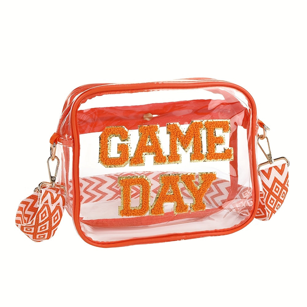 Embroidered Letter Design PVC Transparent Crossbody Bag, Clear Square Shoulder Bag with Zipper Closure