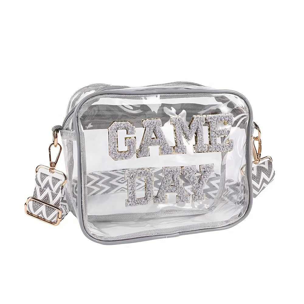 Embroidered Letter Design PVC Transparent Crossbody Bag, Clear Square Shoulder Bag with Zipper Closure