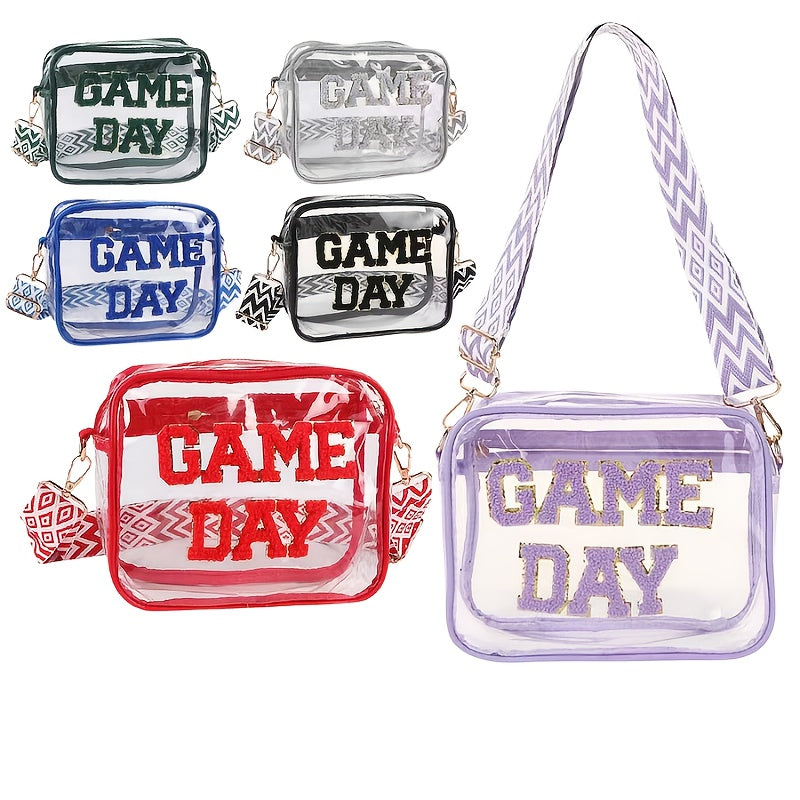 Embroidered Letter Design PVC Transparent Crossbody Bag, Clear Square Shoulder Bag with Zipper Closure