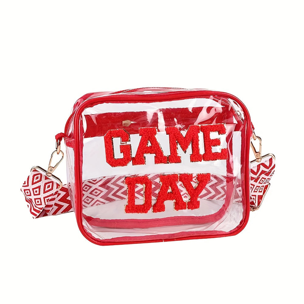 Embroidered Letter Design PVC Transparent Crossbody Bag, Clear Square Shoulder Bag with Zipper Closure