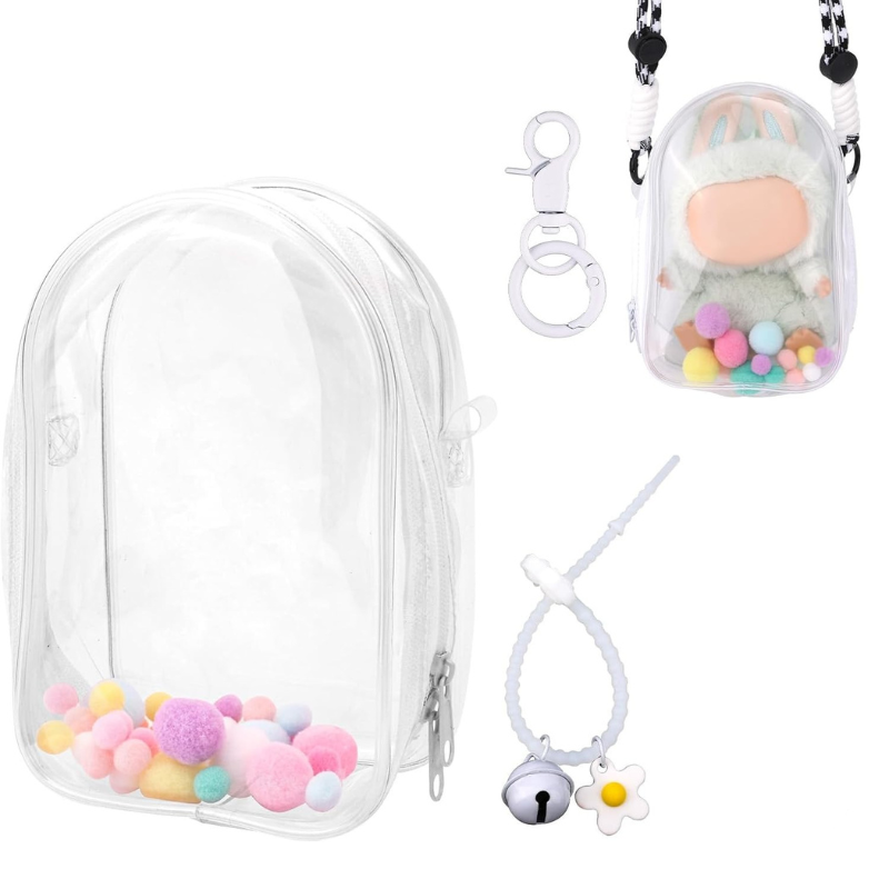 Clear Transparent Mini Doll Carrier Bag with Adjustable Strap - Cute Crossbody Purse for Small Toys & Collectibles