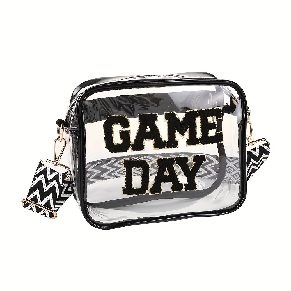 Embroidered Letter Design PVC Transparent Crossbody Bag, Clear Square Shoulder Bag with Zipper Closure