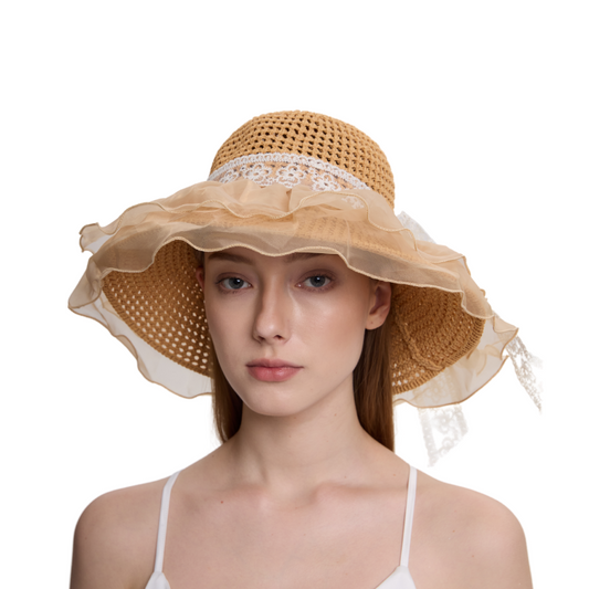 Vintage Lace Wide Brim Sun Hat - Elegant Crochet Beach Hat with Ruffles