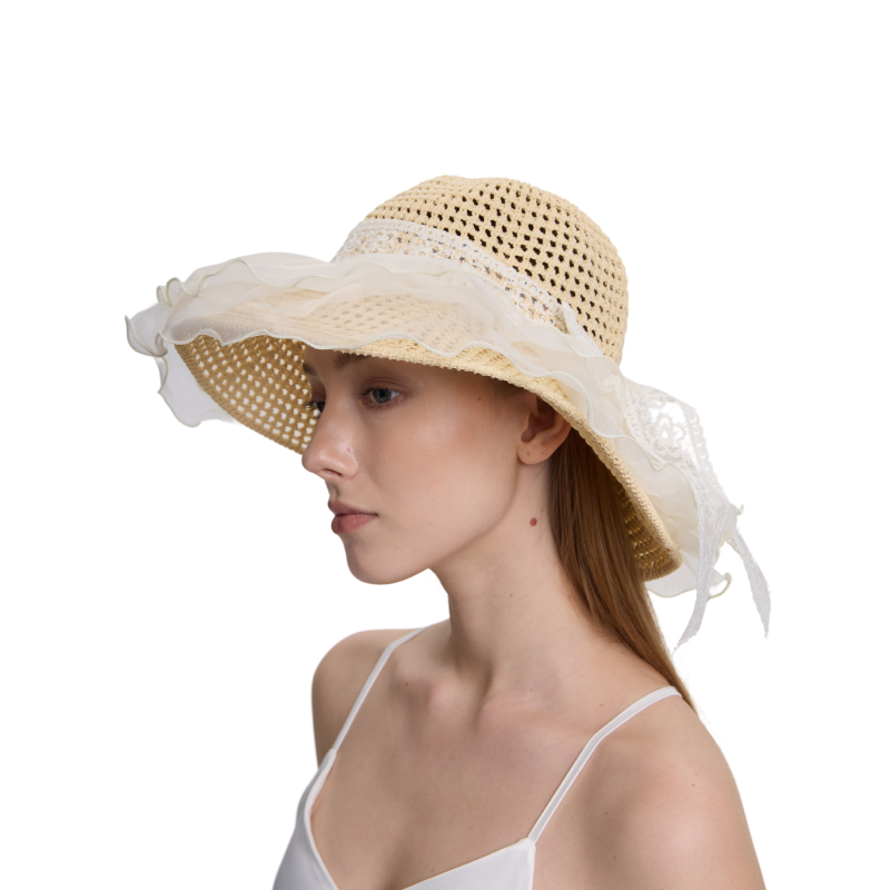 Vintage Lace Wide Brim Sun Hat - Elegant Crochet Beach Hat with Ruffles