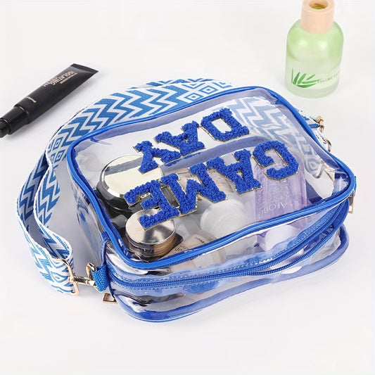 Embroidered Letter Design PVC Transparent Crossbody Bag, Clear Square Shoulder Bag with Zipper Closure